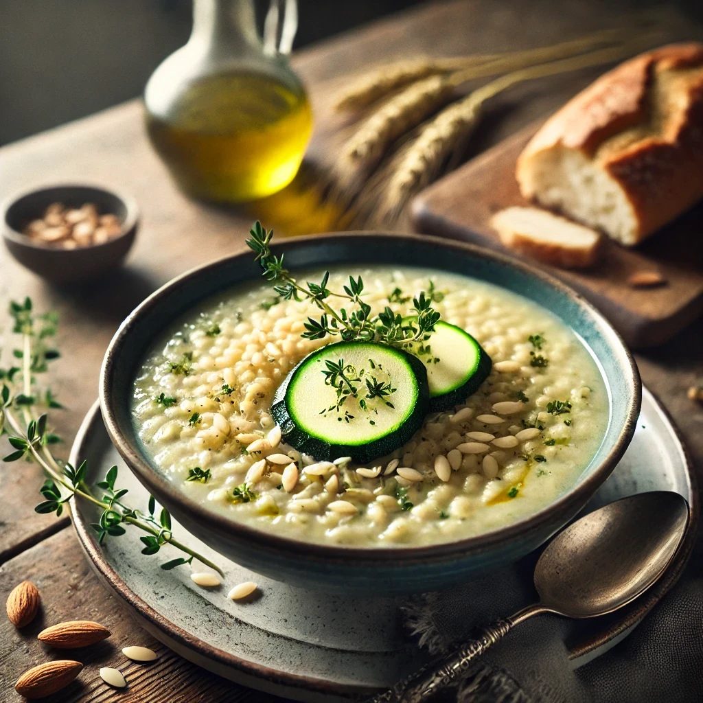 Cream of courgette soup with barley, almonds and olive oil